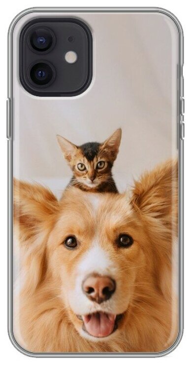 Дизайнерский силиконовый чехол для Iphone 12/12 Pro Собака и котенок