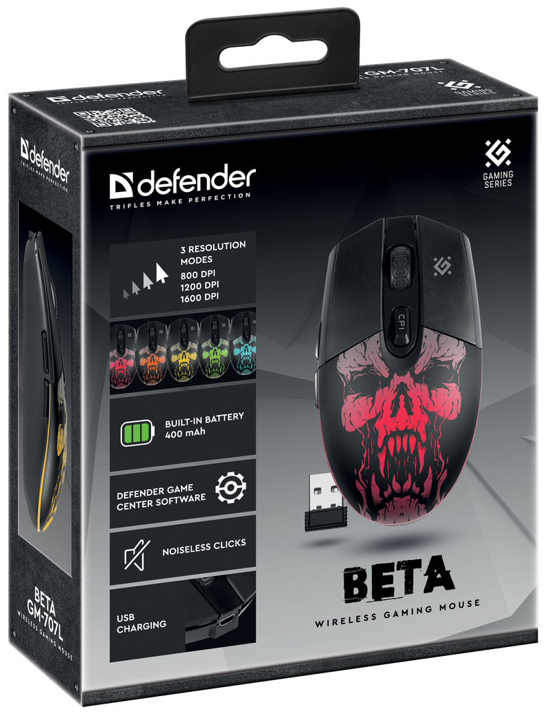 Мышь игровая беспроводная Defender Beta GM-707L LED6D400 mAh1600dpi бесшумная подсветка встроенный АКБ