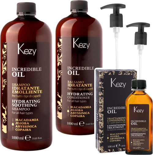 Kezy Incredible Oil Набор для увлажнения и восстановления всех типов волос (Шампунь 1л; Кондиционер 1л; Масло INСREDIBLE OIL 100 мл; Дозатор 1л 2шт.)