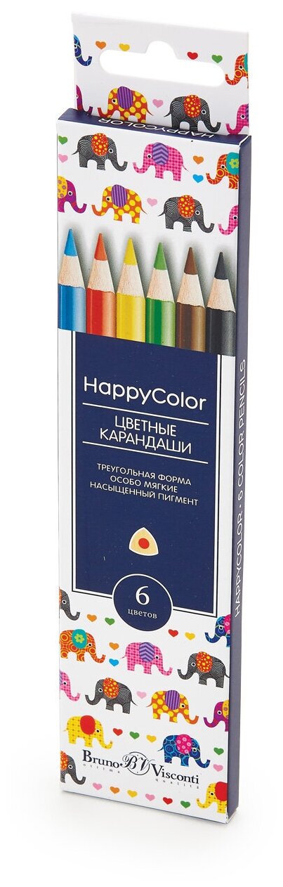 Карандаши BrunoVisconti, цветные, 6 цветов , HappyColor, Арт. 30-0051, упаковка в ассортименте