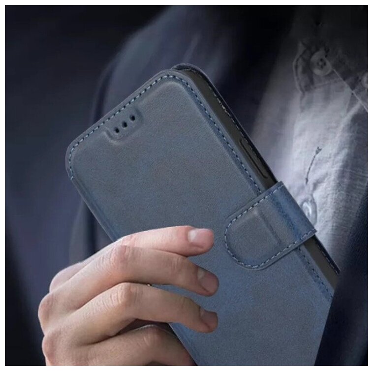 Чехол книжка для Xiaomi Redmi 10 кожаный синий с магнитной застежкой / магнитным замком / флипом / для Сяоми Редми 10