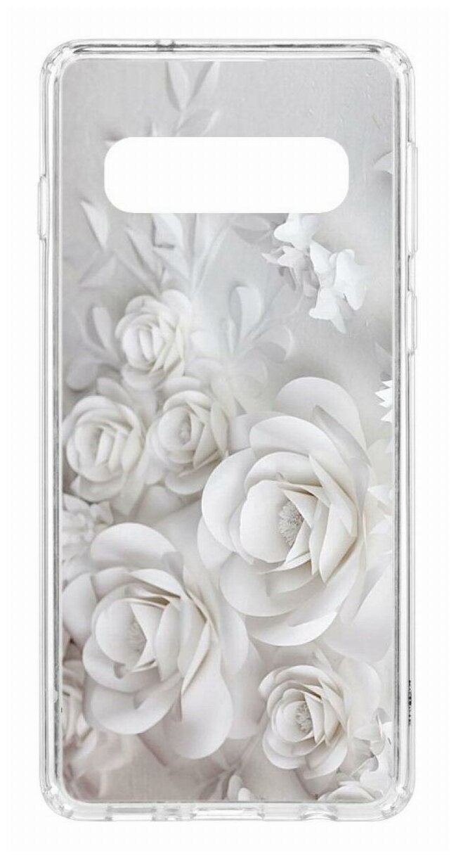 Чехол для Samsung Galaxy S10 Kruche Print White roses, пластиковая накладка, силиконовый бампер с защитой камеры, защитный прозрачный кейс с рисунком