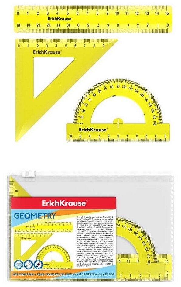 Набор геометрический ErichKrause Neon линейка 15см угольник 9см/45° транспортир 180°/10см цвет желтый