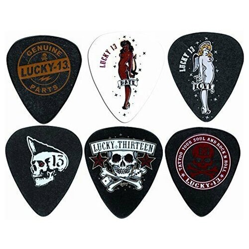 Медиаторы, толщина 1 мм, 6 рисунков, 6 шт. Dunlop Lucky 13 L13BP100 6Pack медиаторы dunlop sanpt02h carlos santana упаковка 6 шт