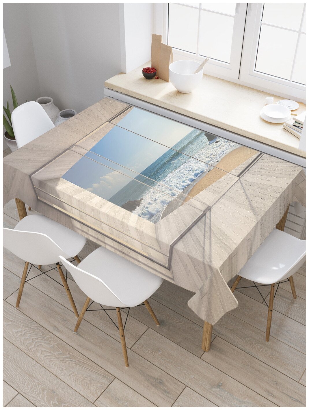 Скатерть прямоугольная JoyArty "Море за стеклом" из сатена, 120x145 см