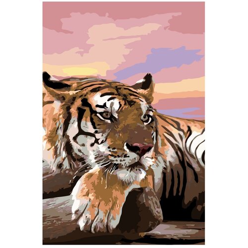 Картина по номерам, Живопись по номерам, 48 x 72, A391, тигр, отдых, животное, дикий, закат, спокойствие, мудрость, поп-арт