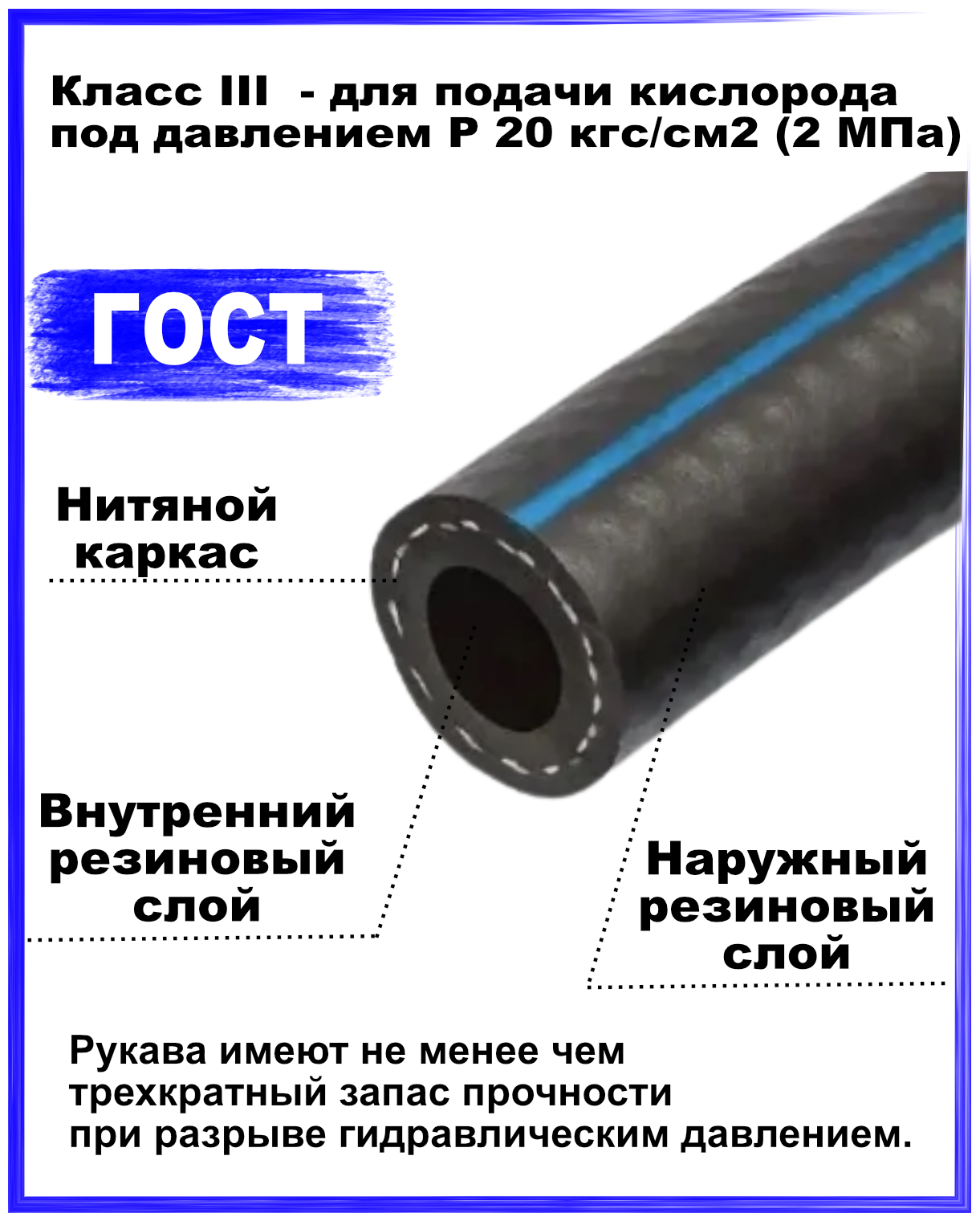 Шланг/рукав кислородный 63 кислород (III класс-63-20 МПа) 5 метров ВПТ/ВРТ/КРТ