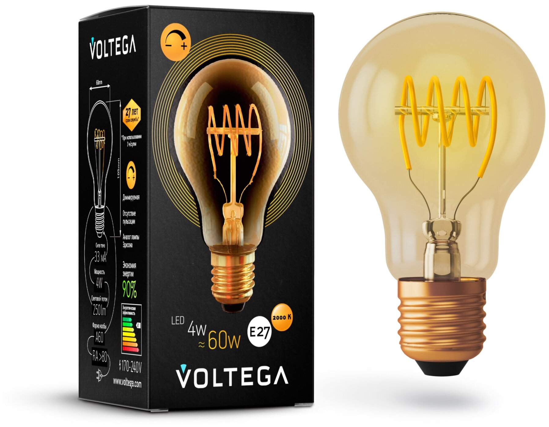 Лампа светодиодная Voltega VG10-A60GE27warm4W-FB 7078 Loft Led