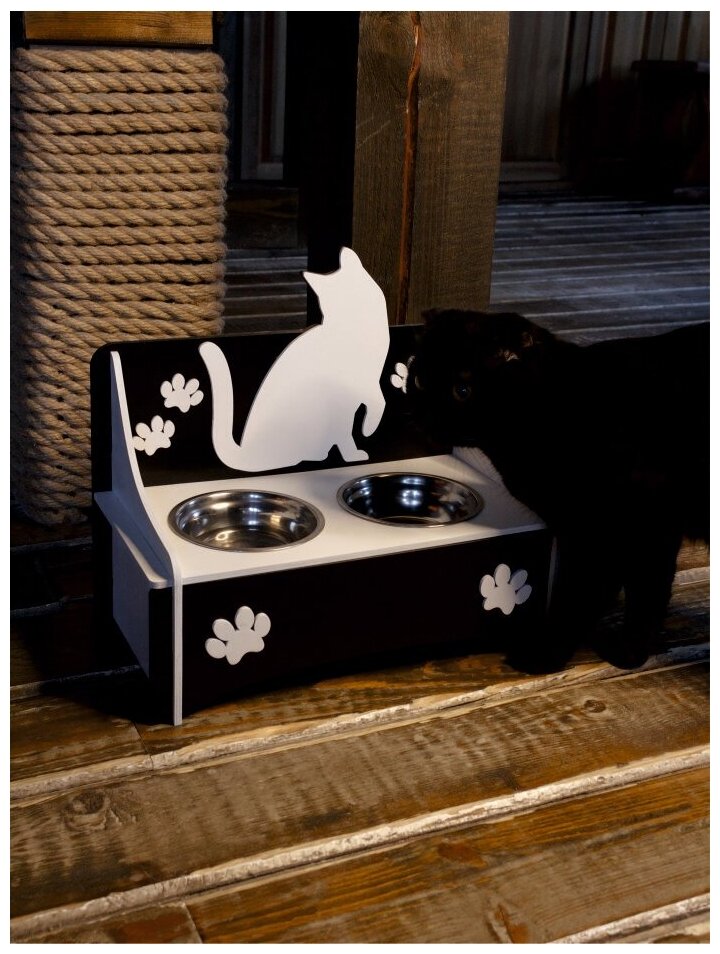 Подставка для 2-х мисок "Кошка" Черно-Белая - фотография № 3