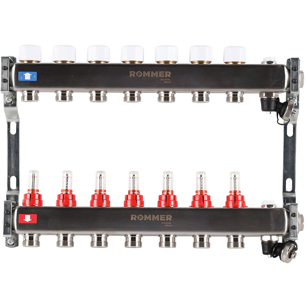 Коллектор из нержавеющей стали с расходомерами, с клапаном вып. воздуха и сливом 7 вых. ROMMER RMS-1201-000007