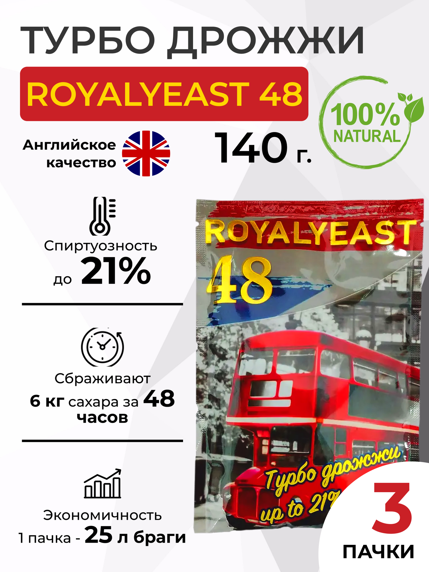 Турбо дрожжи Royal Yeast 48, 140 гр. - 3 шт.