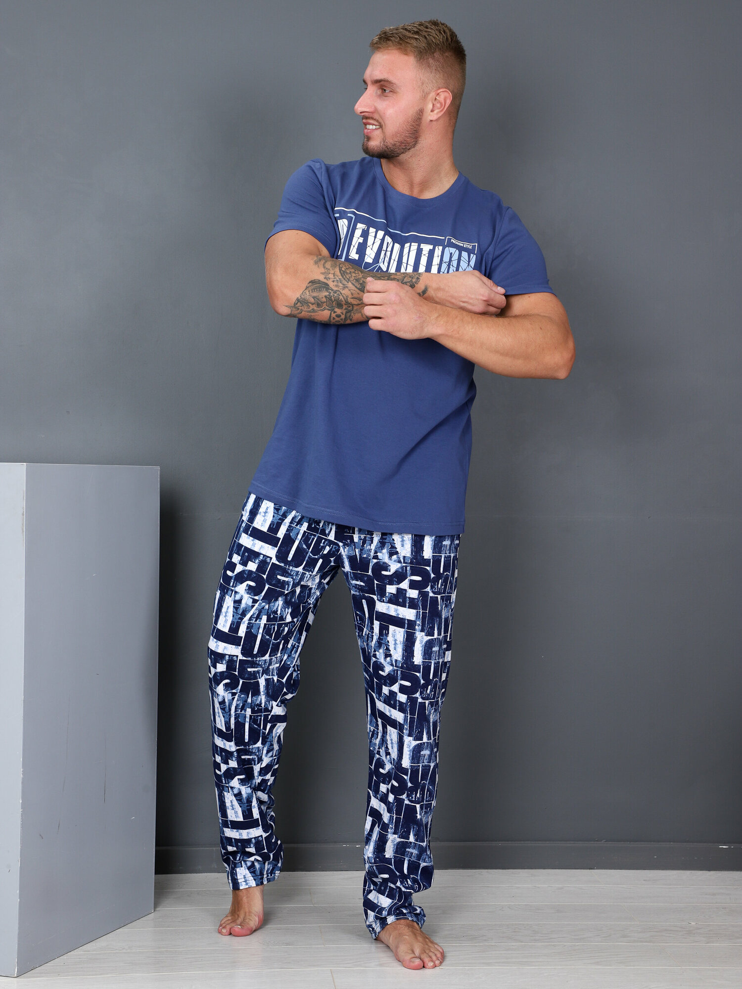 Костюм мужской с брюками домашний больших размеров Революция-man синий IvCapriz 60 - фотография № 4
