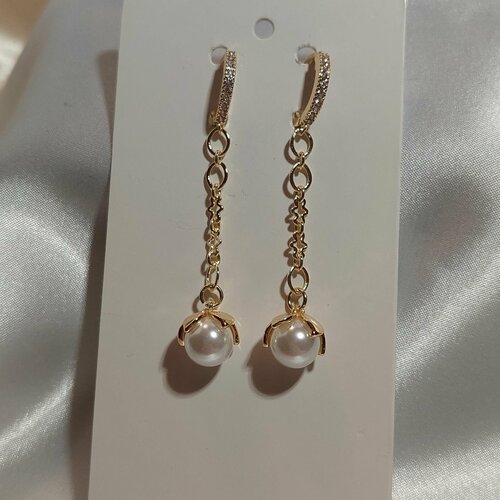 Серьги  Chain жемчуг позолота 18К, металл, размер 40 мм, золотой, белый