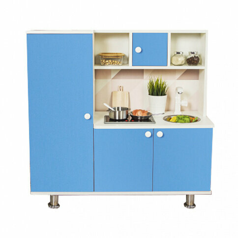 Детская кухня SITSTEP с пеналом, интерактивная плита со светом и звуком голубые фасады