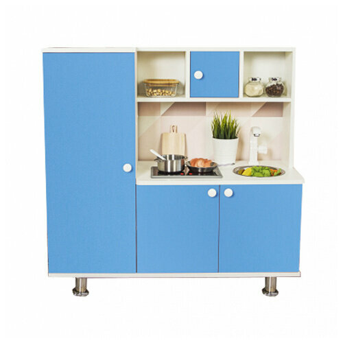 Детская кухня SITSTEP с пеналом, интерактивная плита со светом и звуком голубые фасады