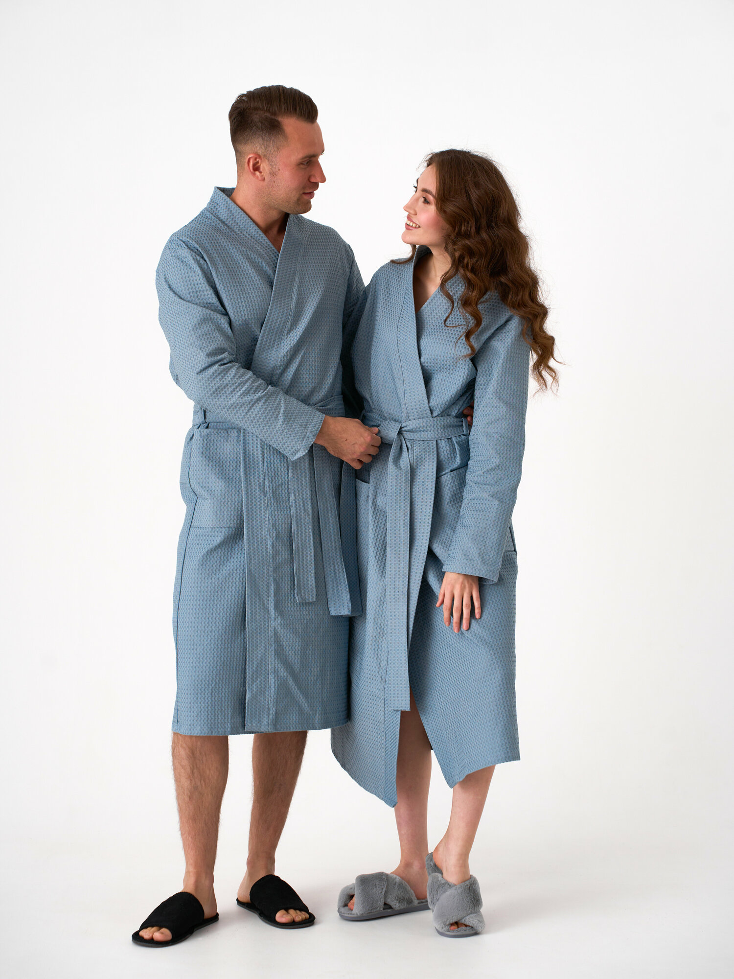 Домашний вафельный халат Sweet Sleep 50-52 размер, длинный серый унисекс