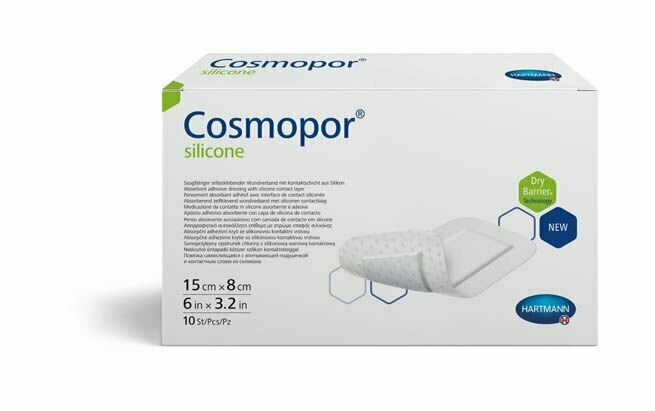 Повязка впитывающая пластырного типа с контактным слоем из силикона Cosmopor silicone/Кocмoпop силикон, 15х8см, 1О шт.