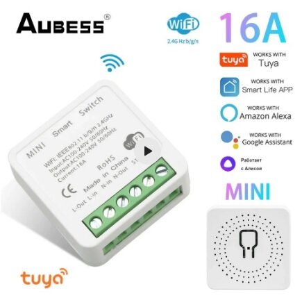 Умное Wi-Fi реле Mini Smart Switch Tuya Aubess 16A - работает с Яндекс Алисой