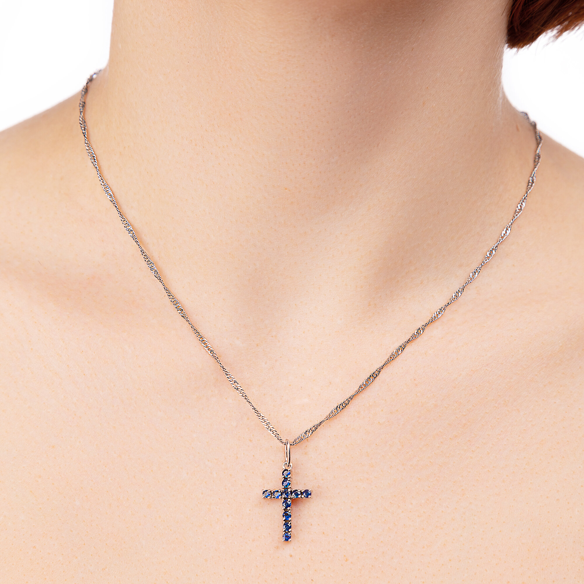 Крестик CORDE Серебряная подвеска крест с натуральными камнями., серебро, 925 проба, родирование, сапфир