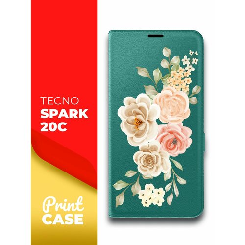 Чехол на Tecno Spark 20C (Техно Спарк 20С) зеленый опал книжка эко-кожа подставка отделение для карт и магнитами Book Case, Miuko (принт) Бледные цветы чехол на tecno spark 20c техно спарк 20с зеленый опал книжка эко кожа подставка отделение для карт и магнитами book case miuko принт бледные цветы