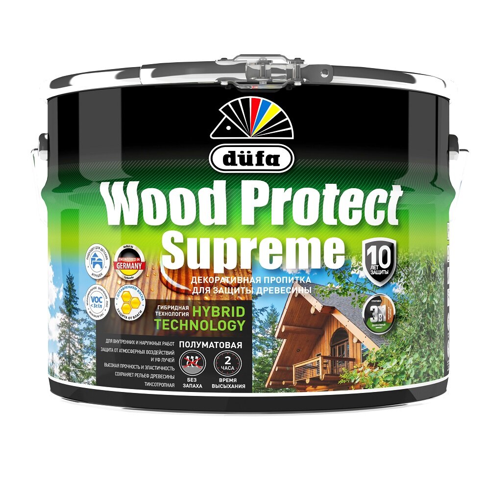 Декоративная высокопрочная пропитка по дереву Dufa Wood Protect Supreme (9л) бесцветный и под колеровку