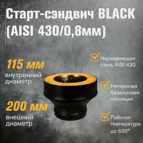 Изображение товара Старт-сэндвич для дымохода из нержавеющей стали BLACK (AISI 430/0,8мм) (115х200) ММ