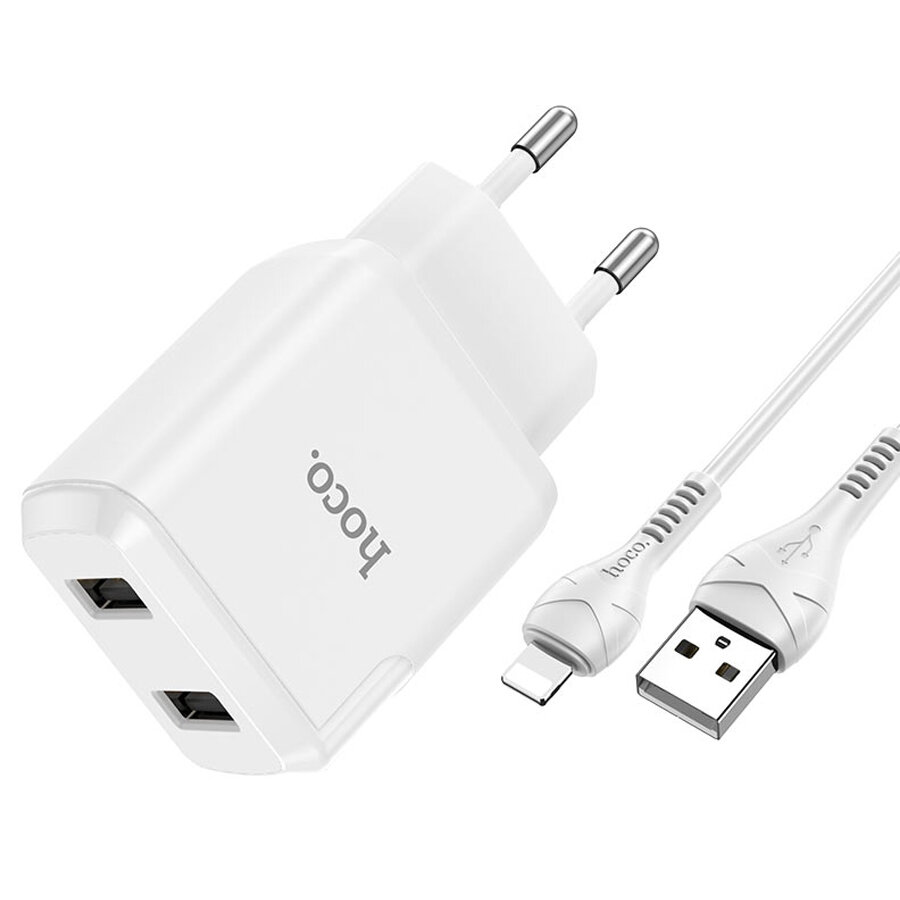 Сетевое зарядное устройство HOCO N7 Speedy 2xUSB с Кабелем USB - Lightning, 2.1A, 10W, белый