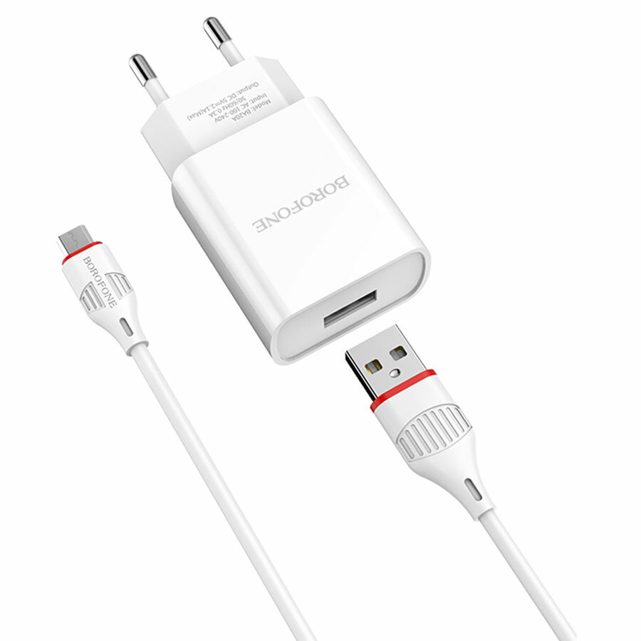 Зарядное устройство Borofone BA20A 2.1A 1USB + Кабель USB to micro USB 1 метр Белый