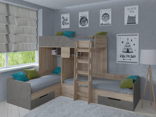 Изображение товара Кровать двухъярусная трехместная трио сонома/железный камень