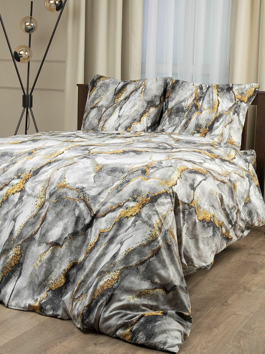 Комплект постельного белья Amore Mio серия Мако-сатин размер 2-спальный Микрофибра 2 наволочки 70х70 темный Мраморный Камень