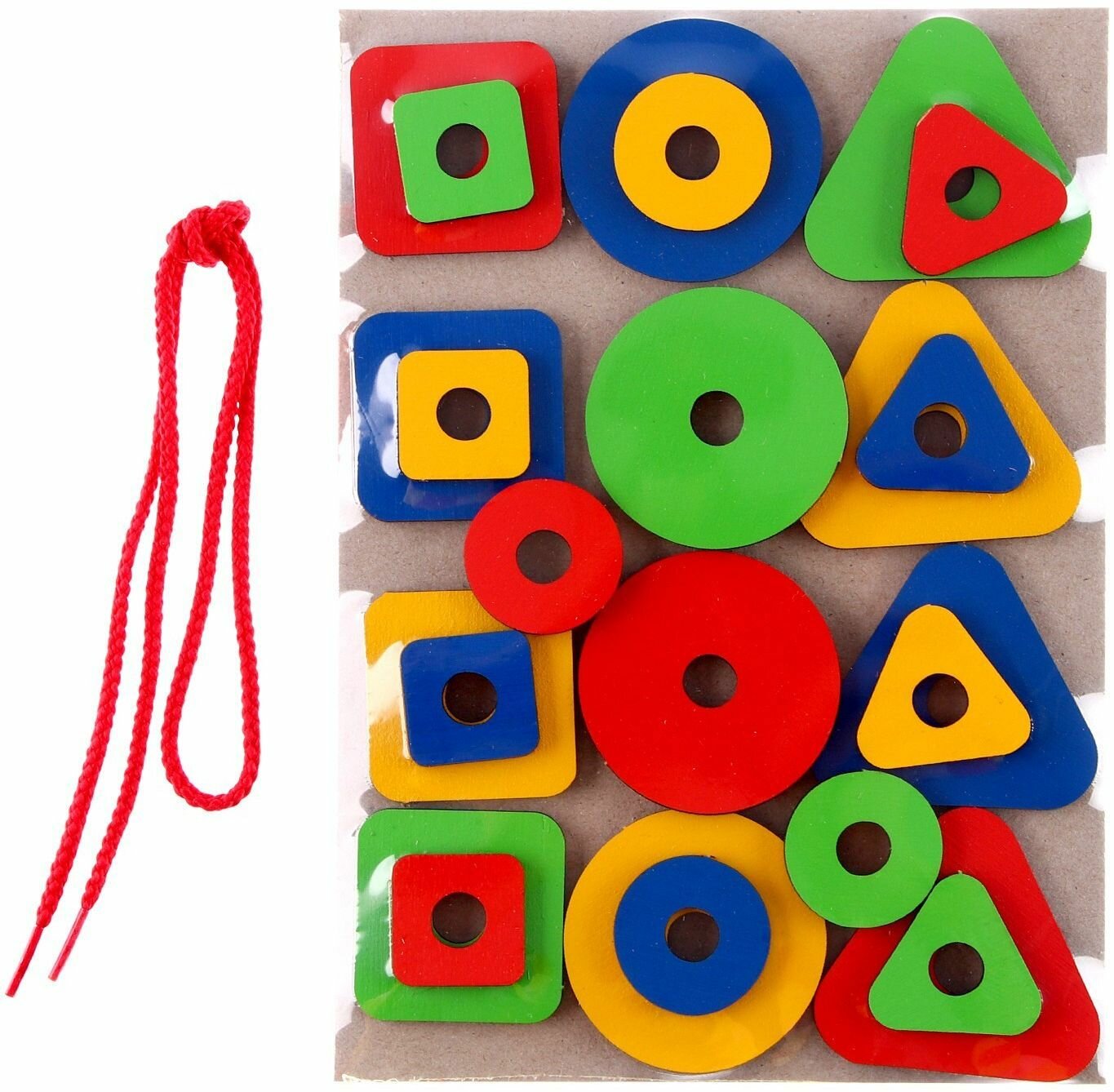 Набор геометрических фигур для головоломки "Математический планшет", в комплекте 24 разноцветных деревянных элемента и шнурок