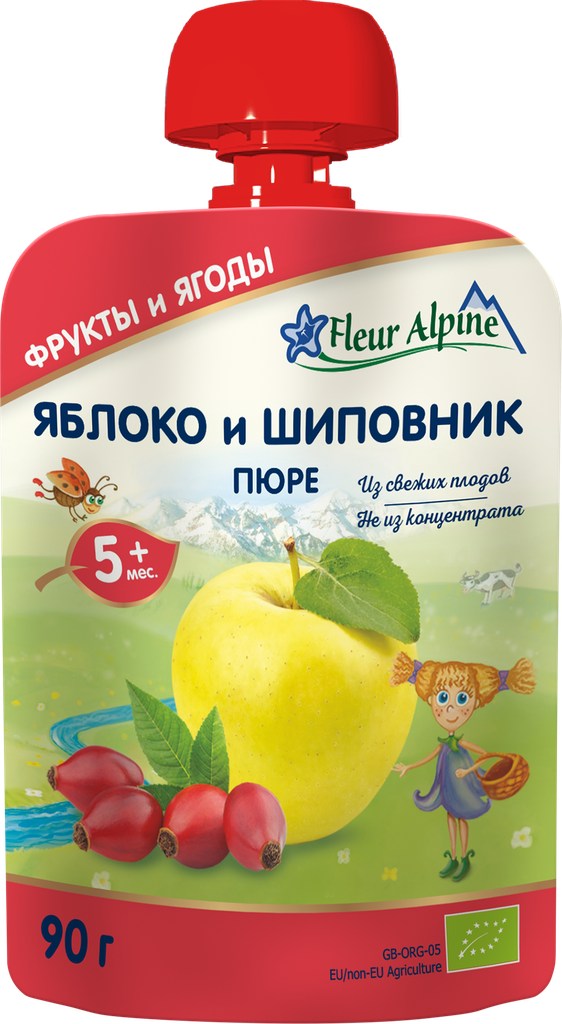Пюре фруктово-ягодное FLEUR ALPINE Яблоко и шиповник Organic, с 5 месяцев, 90г