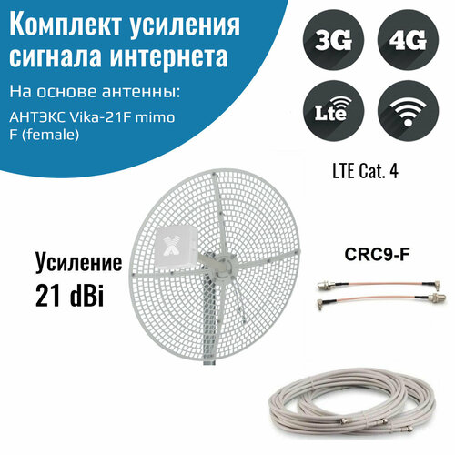 Усилитель интернет сигнала 2G/3G/WiFi/4G — антенна Vika-21F MIMO + кабель + пигтейлы CRC9 усилитель интернет сигнала 2g 3g wifi 4g антенна kroks kaa15 mimo 15 dbi f кабель кронштейн пигтейлы crc9