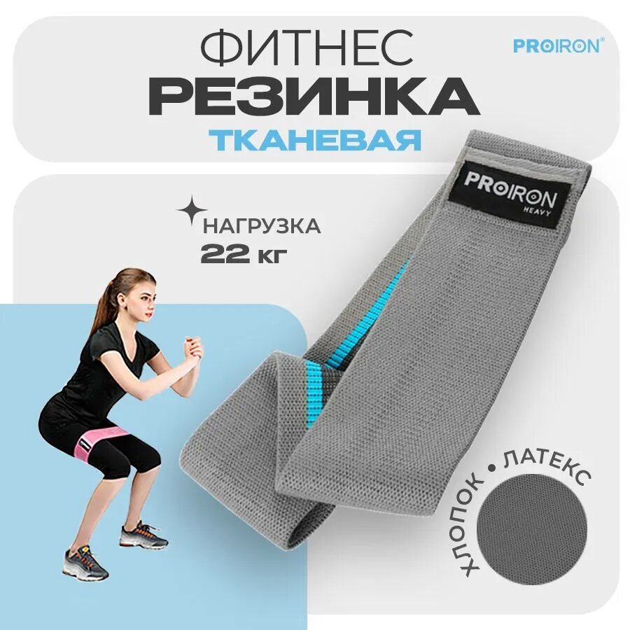 Резинка для фитнеса, PROIRON, ленточная, тканевая, 76х8 см, 18-22 кг, серая