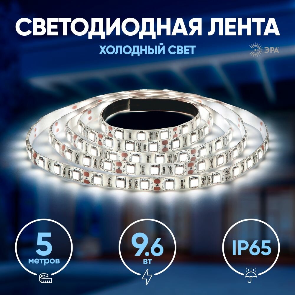 Светодиодная led лента ЭРА LS2835-9,6-120-12-6500K-IP65-1 year-5m подсветка уличная влагозащищенная IP65, 5 м