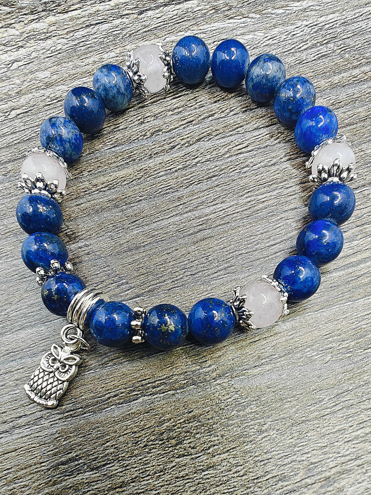 Теннисный браслет, кварц розовый, лазурит