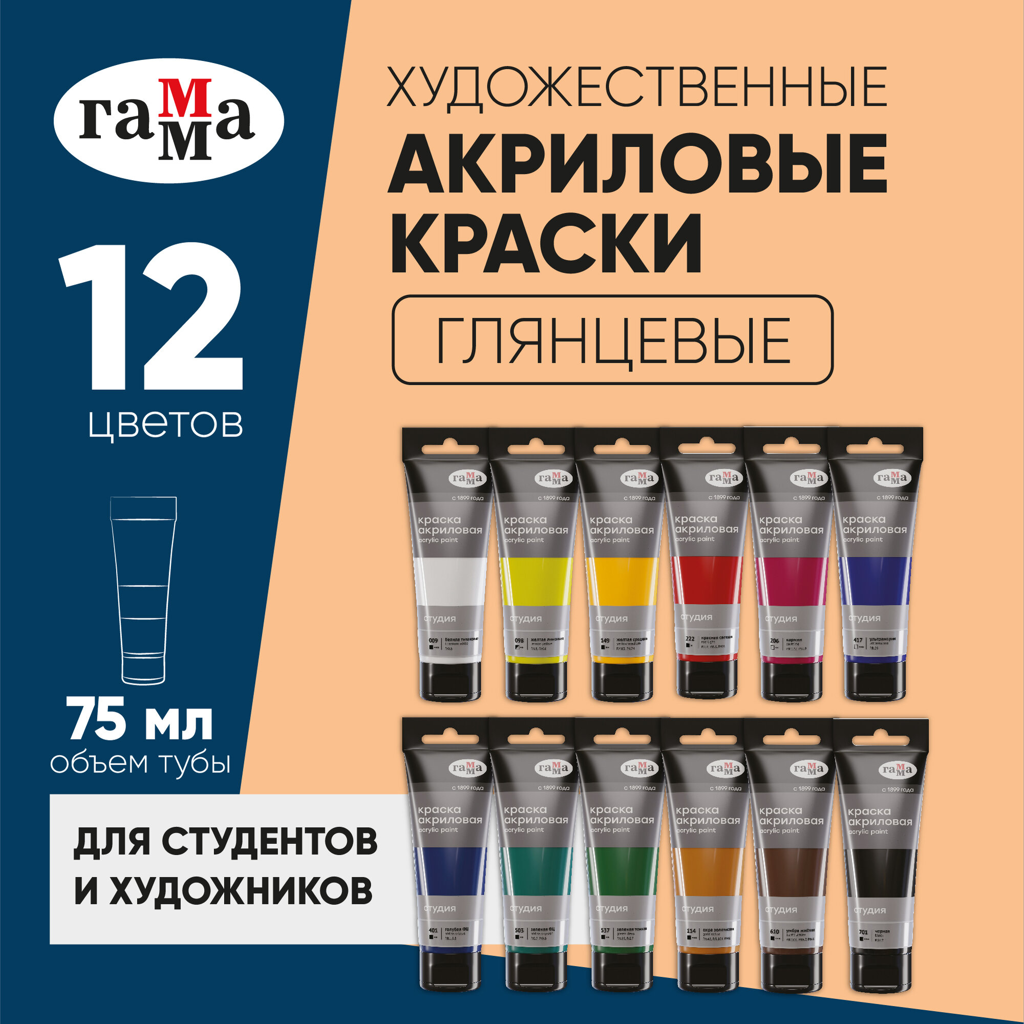 Краски акриловые художественные профессиональные в тубах для рисования, набор из 12 цветов по 75 мл, Гамма "Студия", картон. упак.