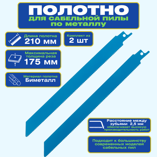 Полотно для сабельной пилы по металлу 210 мм 2 шт Обеспечивают высокую скорость и эффективность работы чистый и ровный рез без сколов и заусенцев что особенно важно при работе с металлом 1369₽