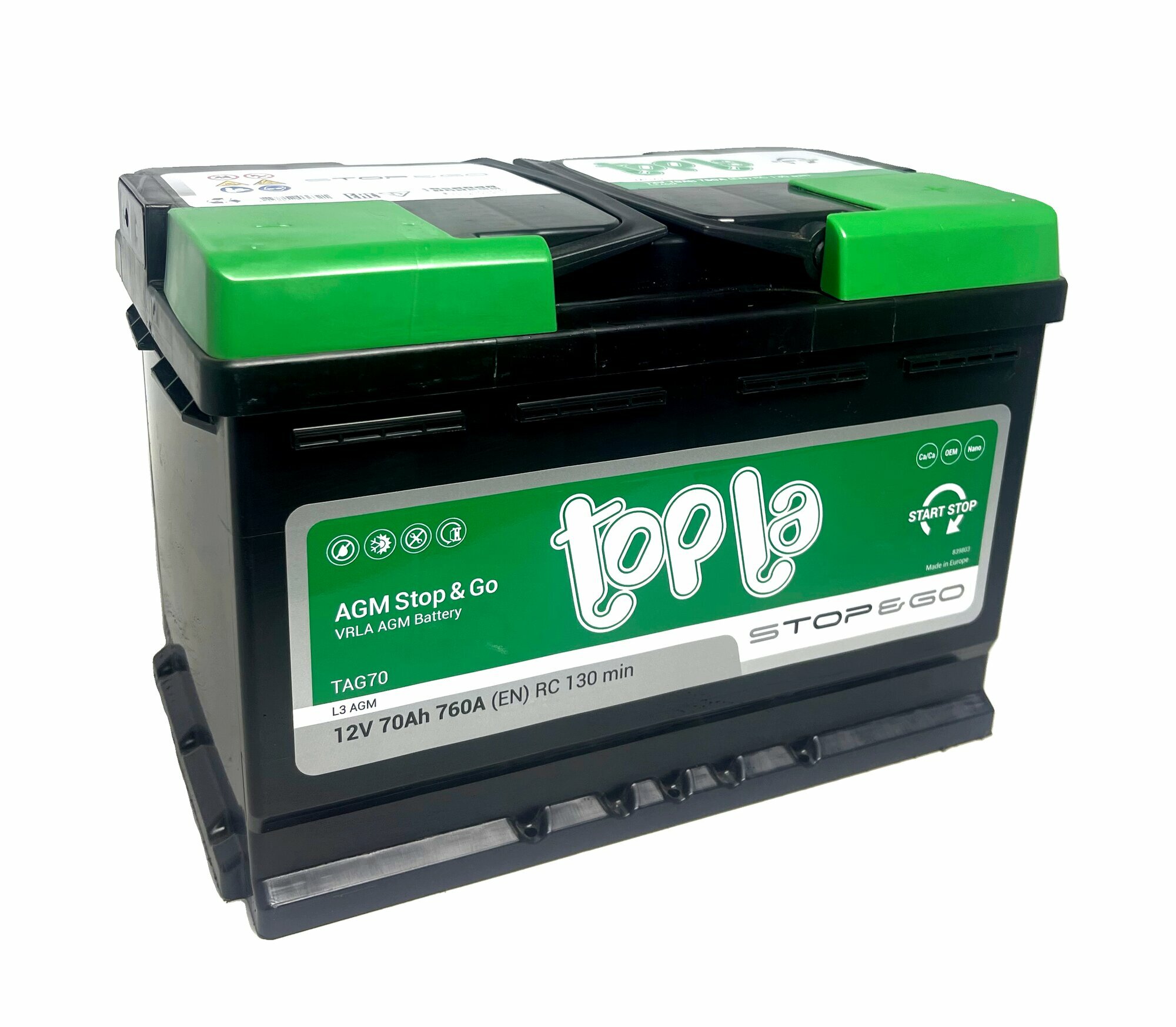 Автомобильный аккумулятор премиум класса Topla AGM Stop&Go 6СТ-70.0 обратная полярность