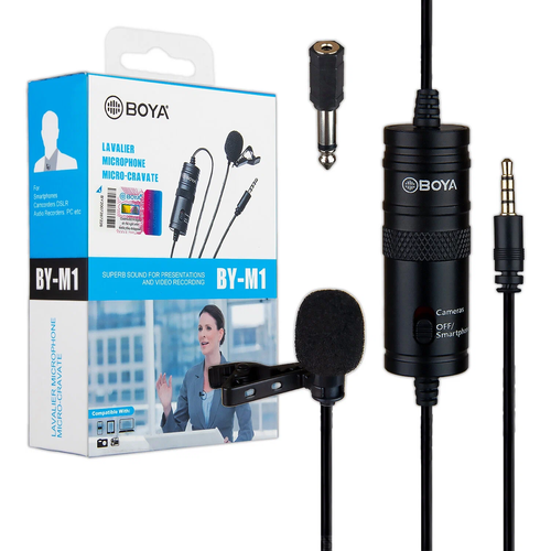 Петличный микрофон BOYA BY-M1 Pro, разъем: mini jack 3.5 mm, черный микрофон проводной boya by m1 комплектация микрофон разъем mini jack 3 5 mm черный 1 шт