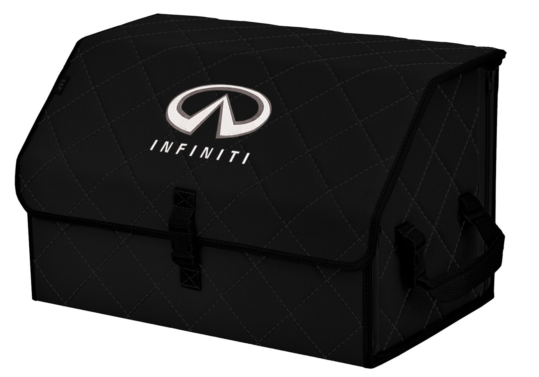 Органайзер-саквояж в багажник "Союз" (размер L). Цвет: черный с черной прострочкой Ромб и вышивкой Infiniti (Инфинити).