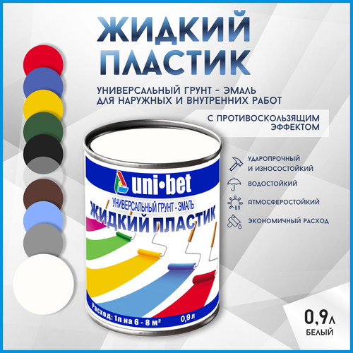Жидкий пластик краска для бетона металла дерева асфальта UNI-BET 0,9л белый для наружных и внутренних работ/ Грунт эмаль UNI-BET
