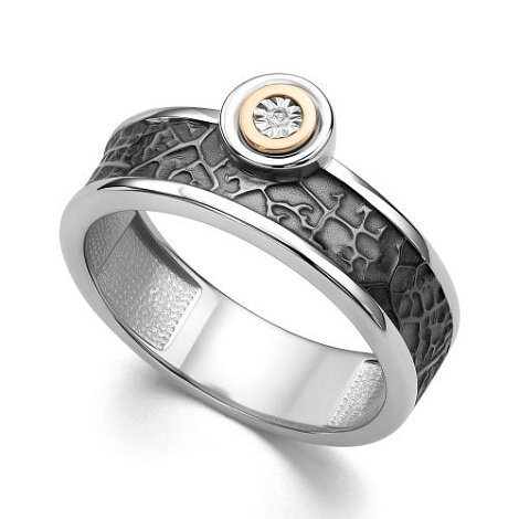 Кольцо тонкое, серебро, 925 проба, родирование, оксидирование, бриллиант