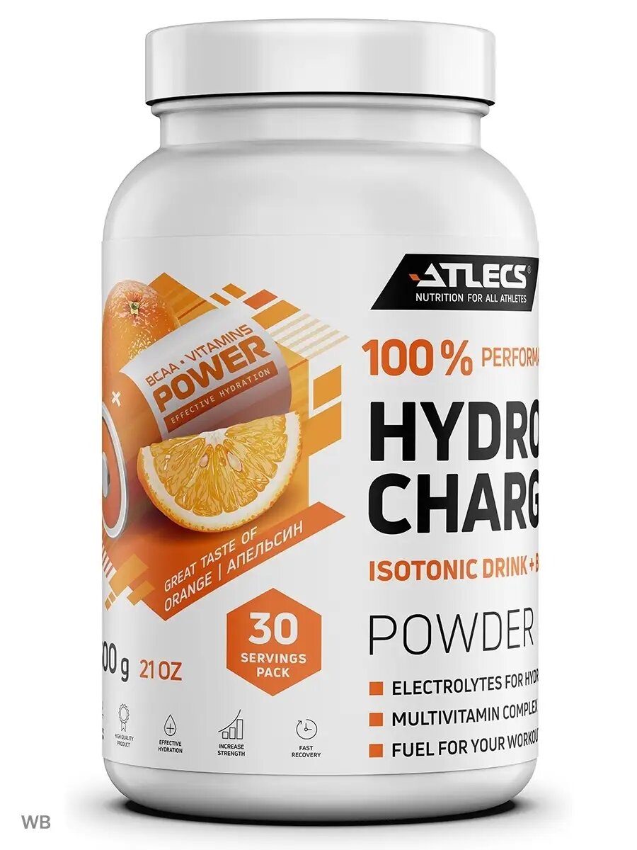 Изотоник Atlecs Hydro Charge апельсиновый порошок без глютена 600г