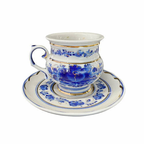 Чайная пара Голубка золото объем 250 мл Гжель ручная роспись 2000₽