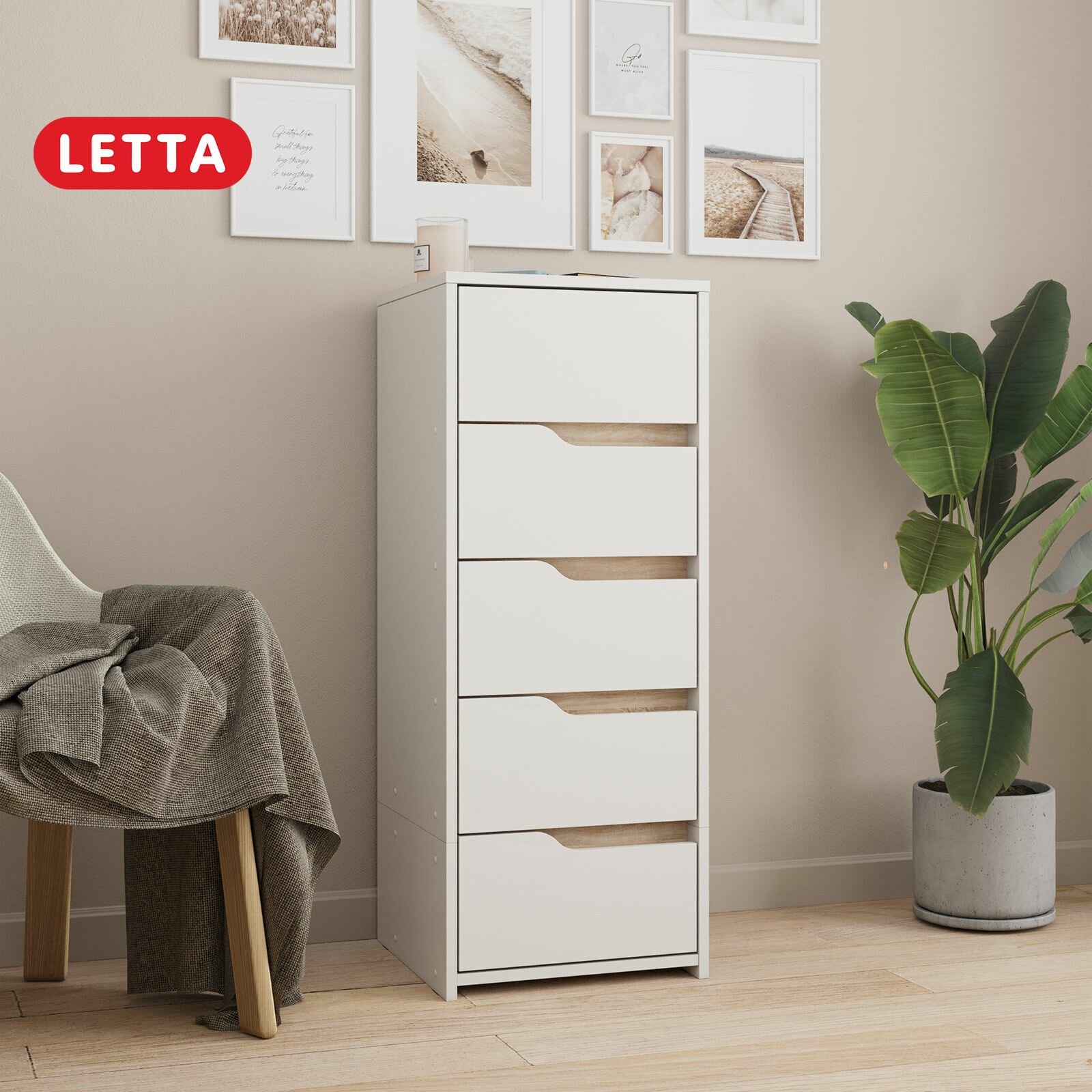 Комод Letta Лион ЛДСП 5 ящиков белый и дуб сонома универсальный 40 см x 102 см