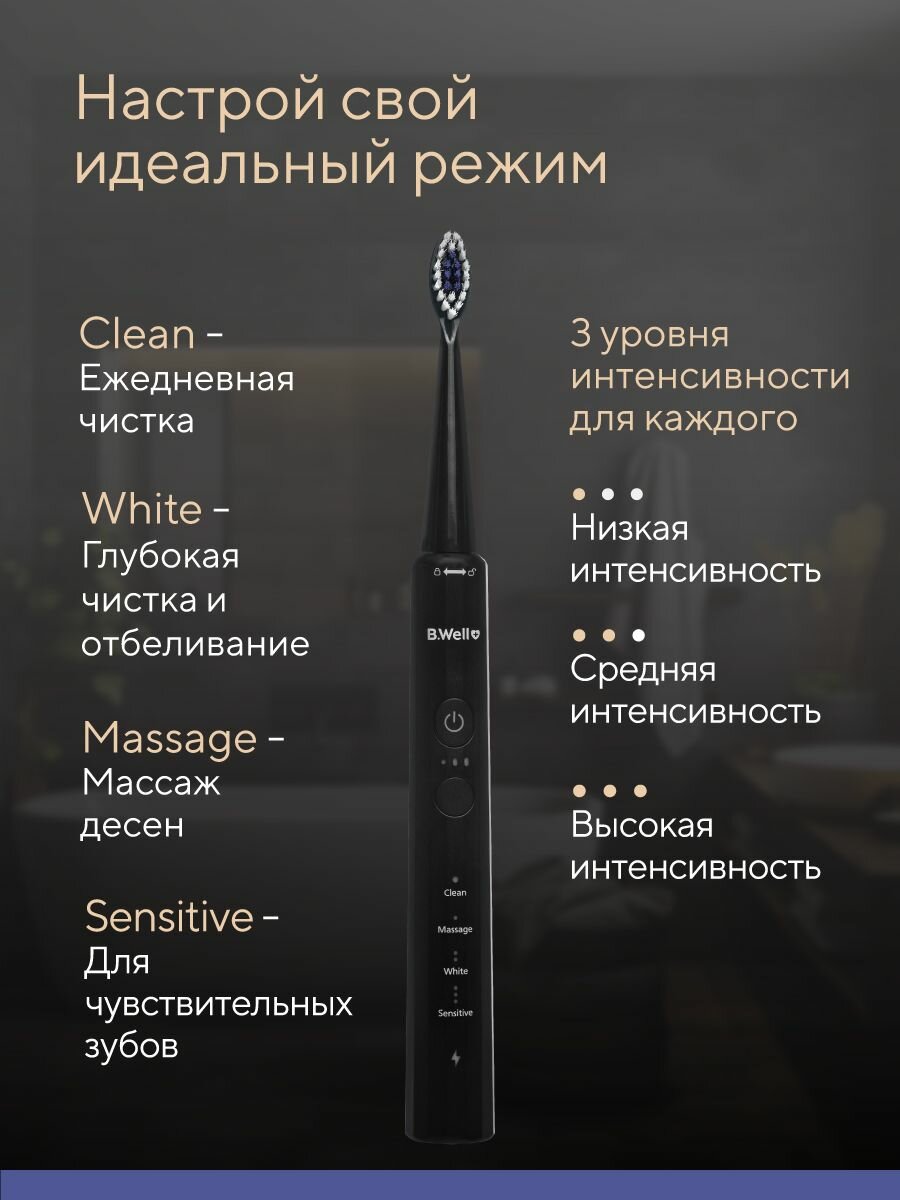 Зубные Щетки Электрические Электрическая зубная щетка B.Well MED-870 звуковая черная, 12 режимов, 120 дней без подзарядки