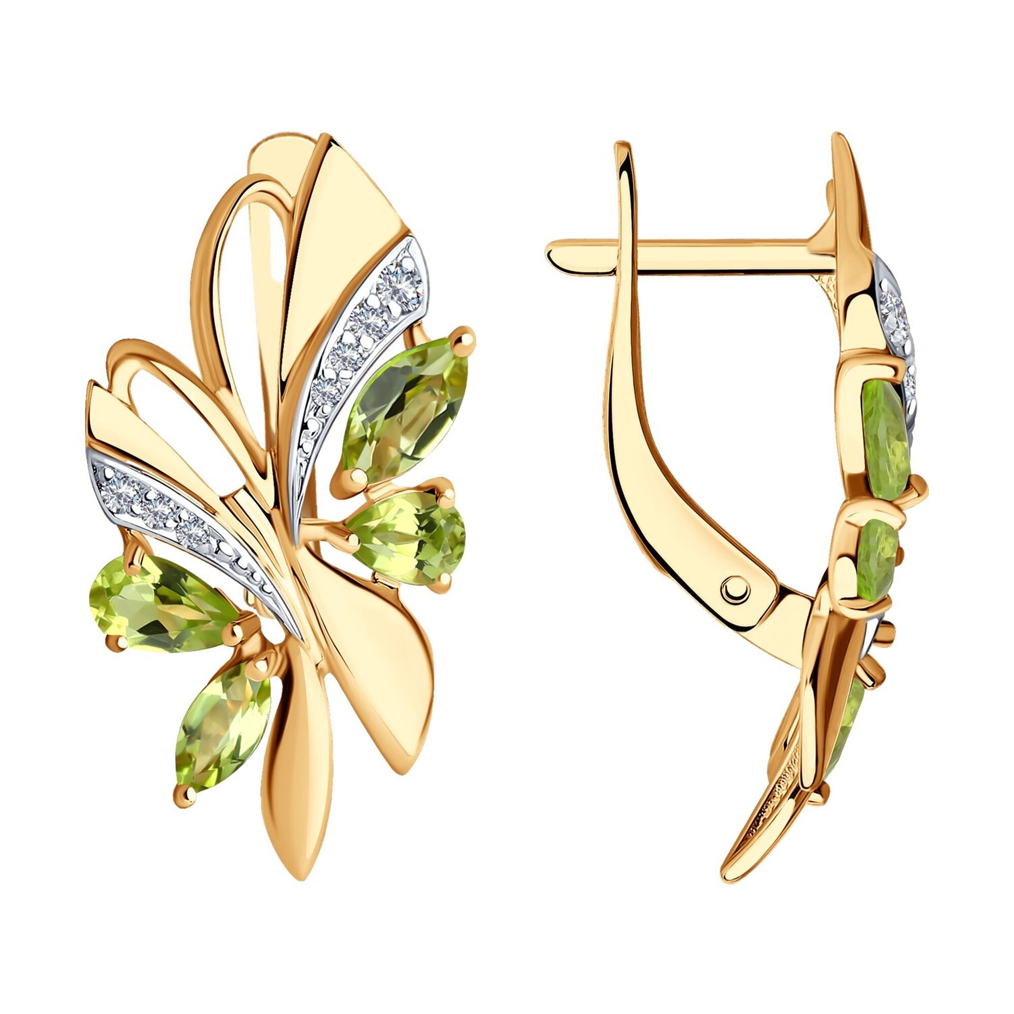 Серьги, красное золото, 585 проба, хризолит, фианит