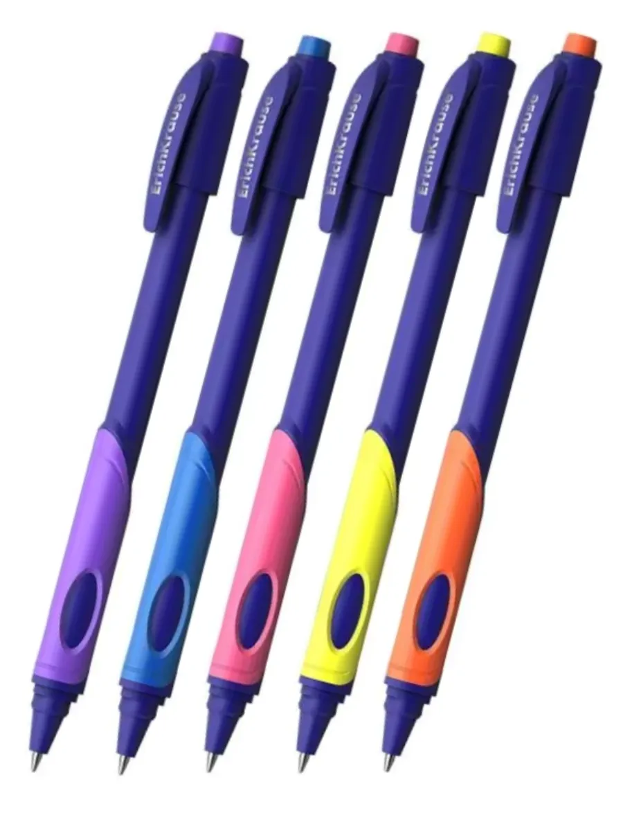 Ручка шариковая 5 шт ErichKrause ErgoLine® Kids Stick&Grip Neon 0.5, Super Glide Technology, цвет чернил синий