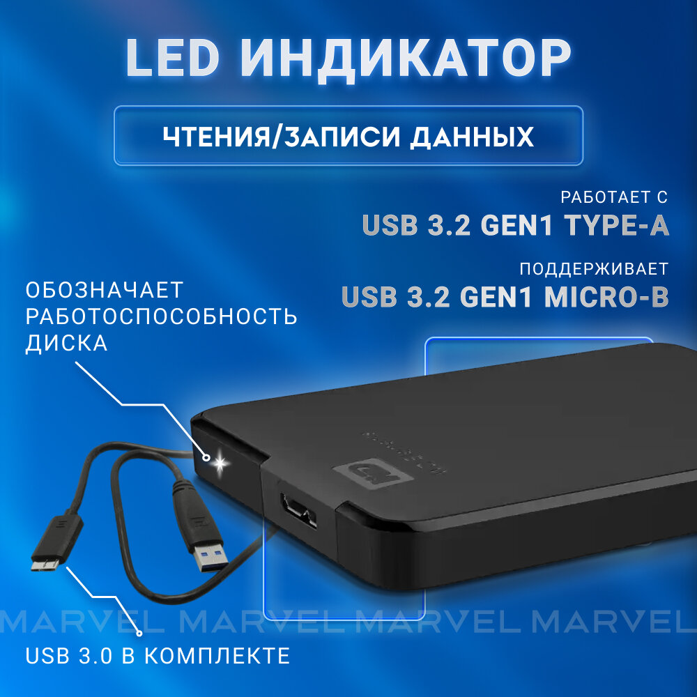 Внешний жёсткий диск WD Elements Portable WDBUZG0010BBK-WESN 1ТБ 2,5" 5400RPM USB 3.0 Black (C6B) — фото 1